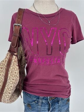Y2K Aeropostale Sequin NYC Tee Pink Baby Tee Fitted Graphic Top S